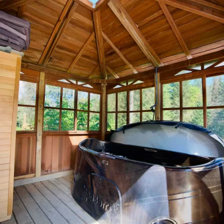 Serenity now – your private hot tub oasis, nestled in Muskoka woods.