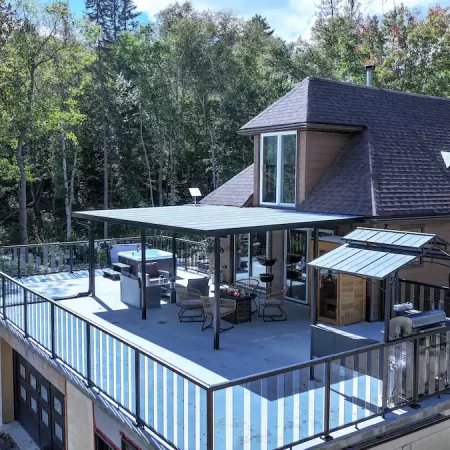 Party size patio for you and your friends to make a memories around the fire table in Muskoka.